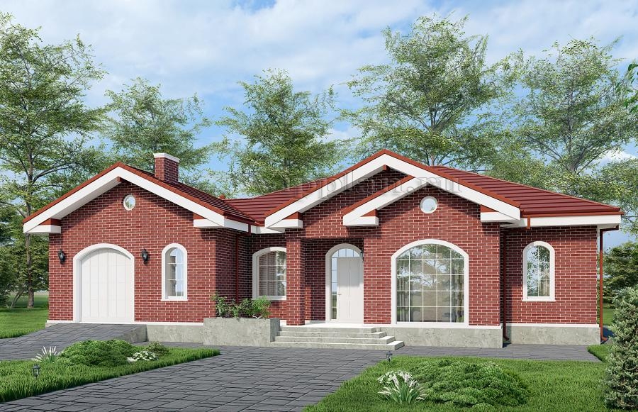 Одноэтажный дом с террасой, гаражом и отделкой красным облицовочным кирпичом