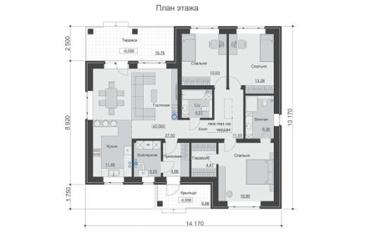 Одноэтажный дом с тремя спальнями и террасой